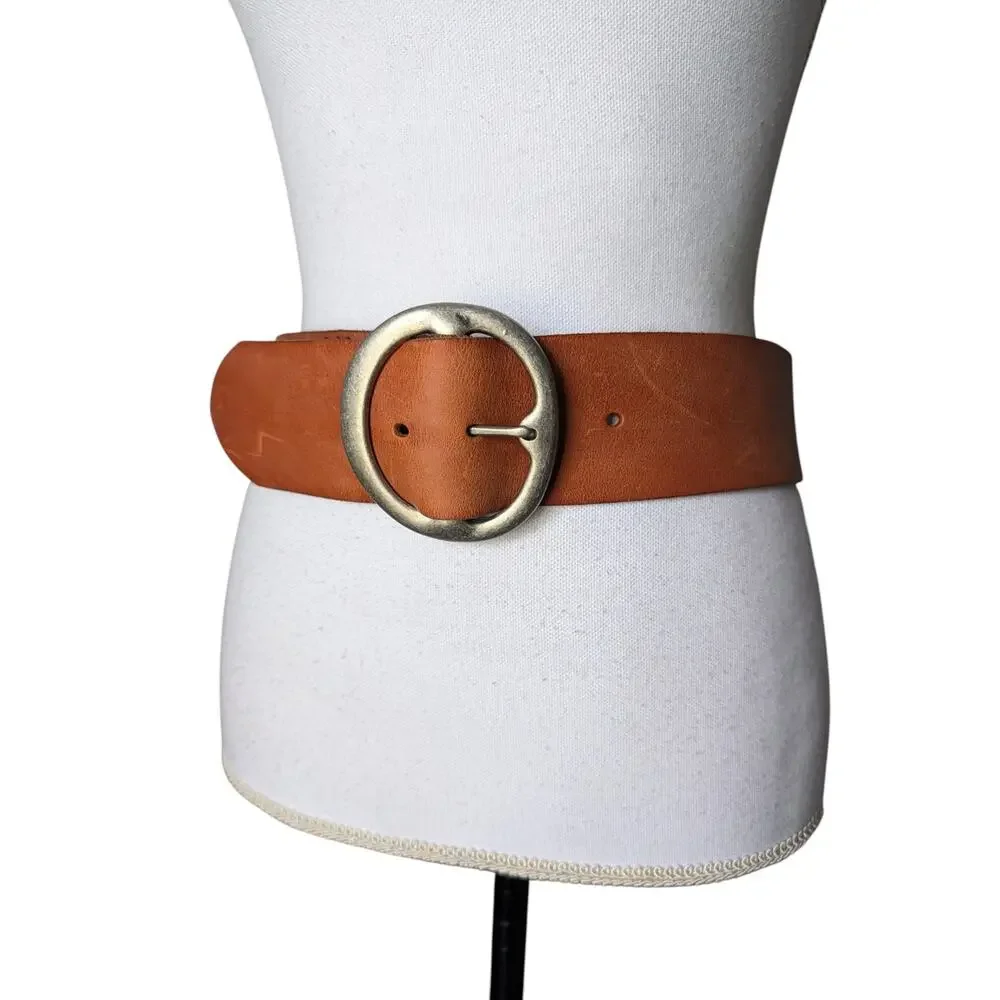 Fossil Tan Brown Leather Wide Waist Belt Size Small Modern Centerbar Whimsigoth